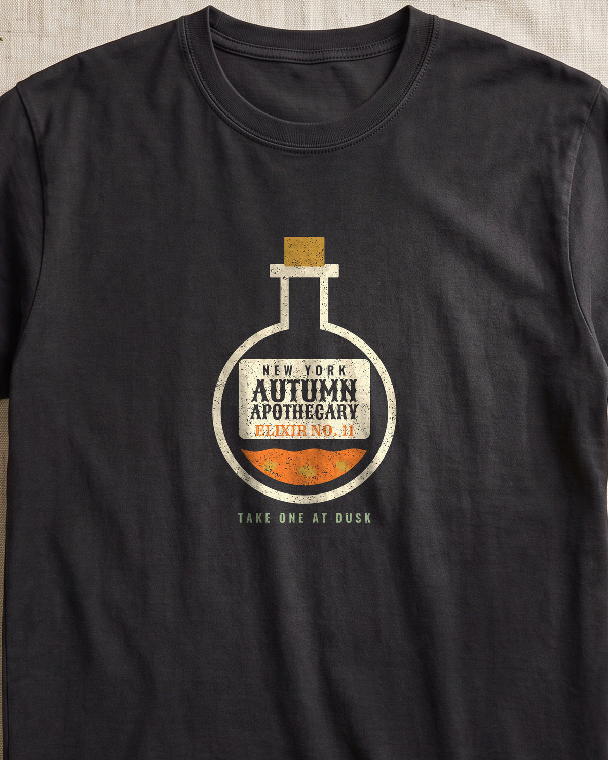 New York Autumn Apothecary Flask T-Shirt (close-up)