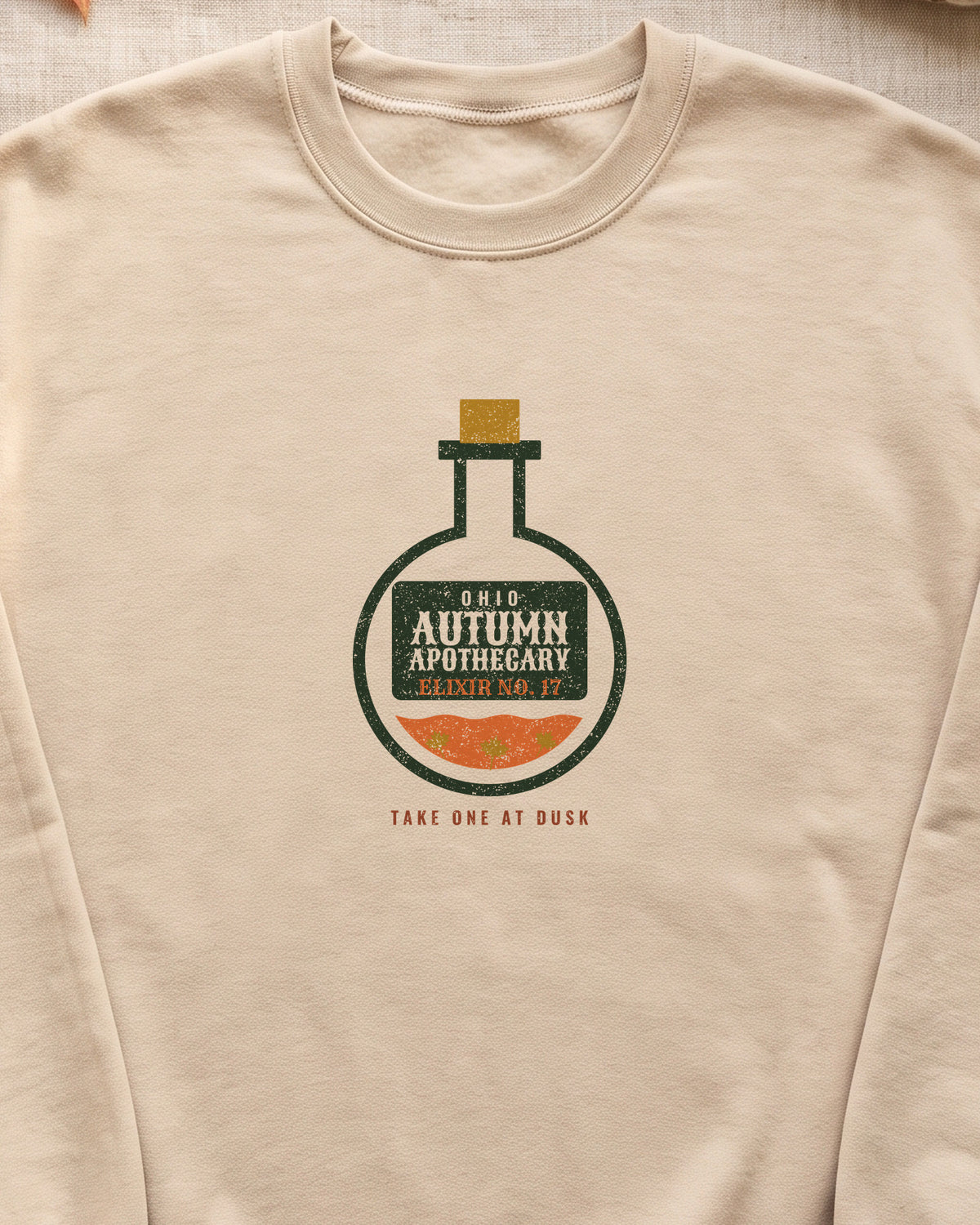 Ohio Autumn Apothecary Flask Crewneck Sweatshirt (close-up)