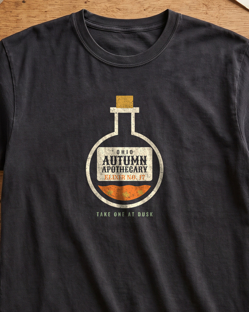 Ohio Autumn Apothecary Flask T-Shirt (close-up)