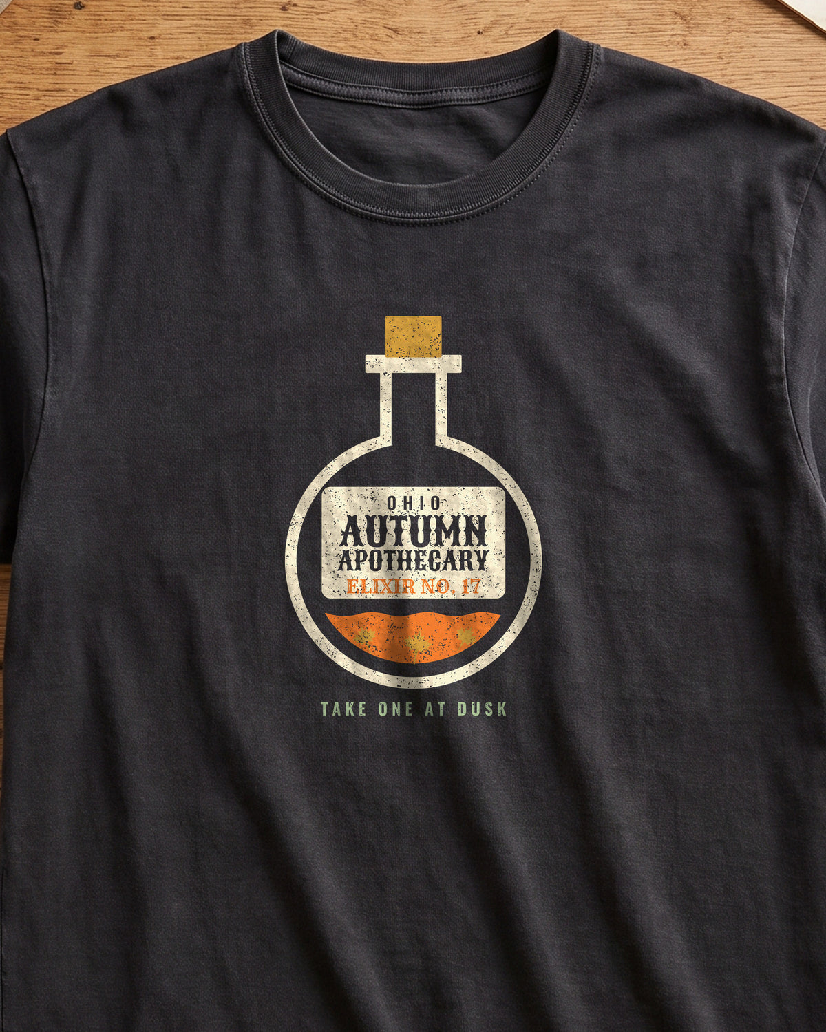 Ohio Autumn Apothecary Flask T-Shirt (close-up)