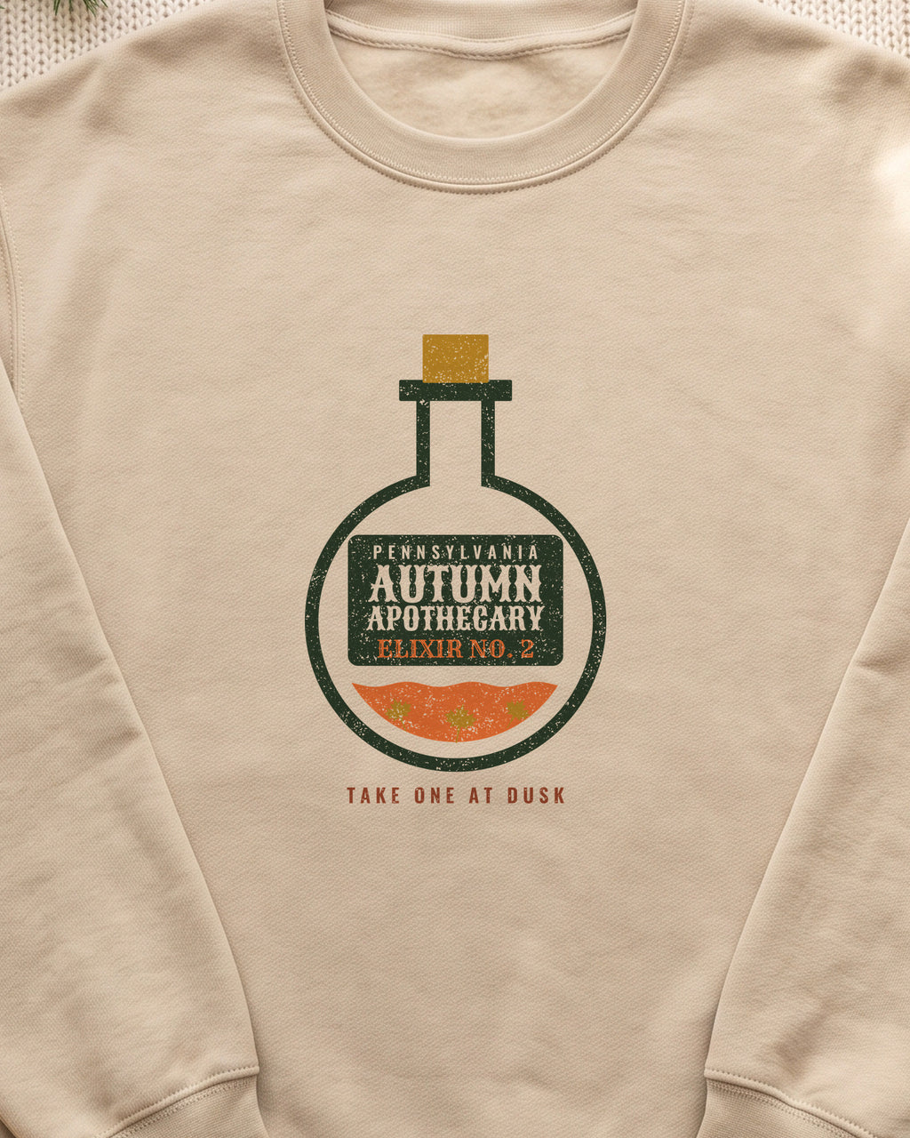 Pennsylvania Autumn Apothecary Flask Crewneck Sweatshirt (close-up)