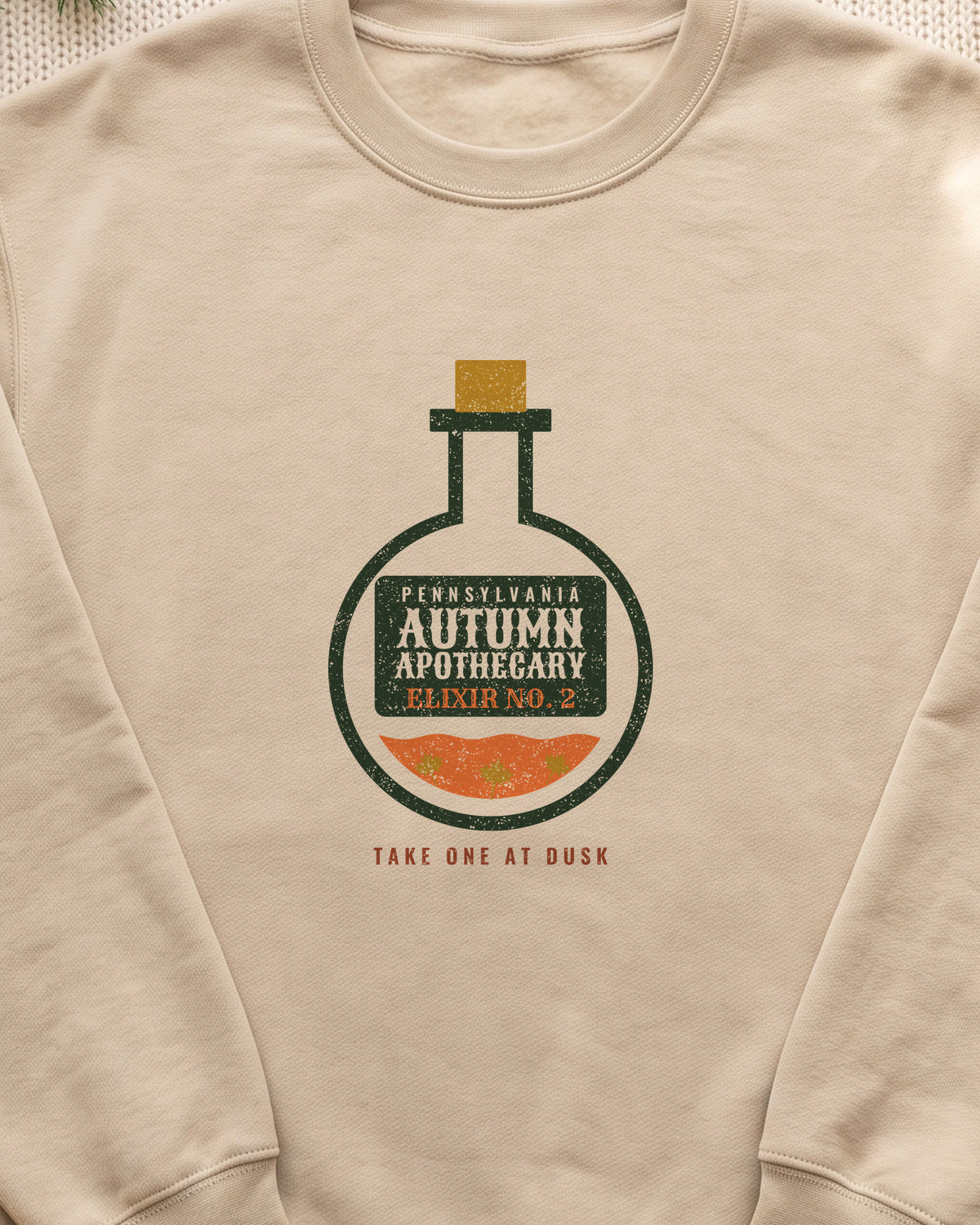 Pennsylvania Autumn Apothecary Flask Crewneck Sweatshirt (close-up)