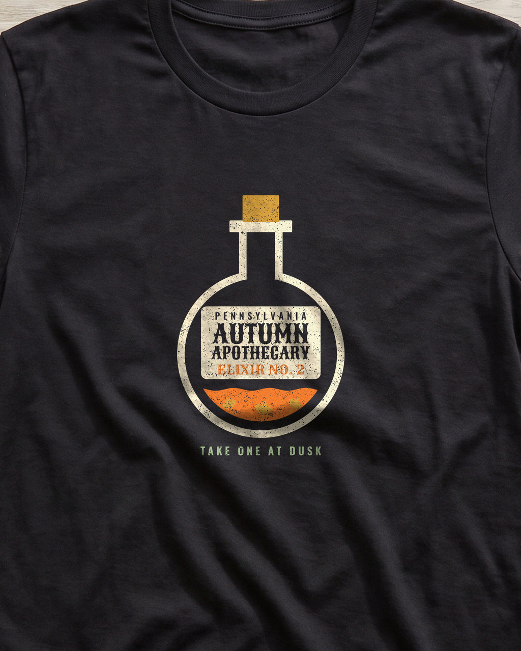 Pennsylvania Autumn Apothecary Flask T-Shirt (close-up)