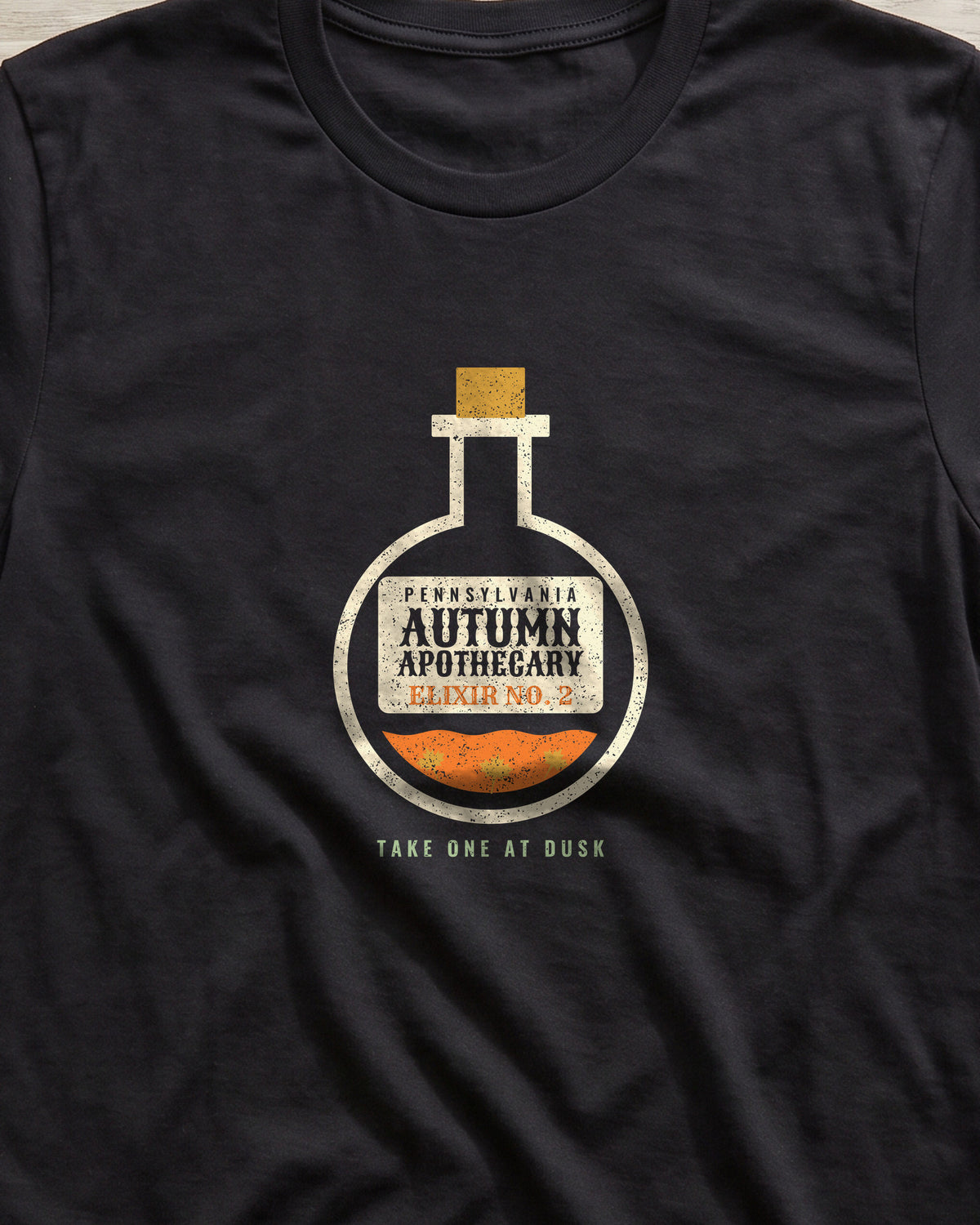 Pennsylvania Autumn Apothecary Flask T-Shirt (close-up)