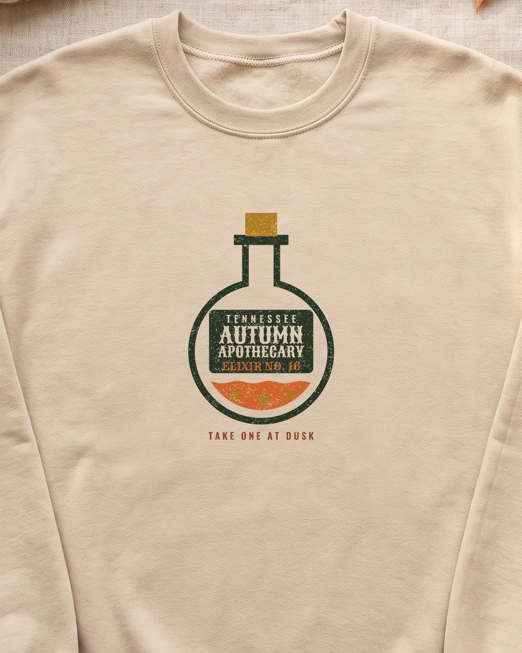 Tennessee Autumn Apothecary Flask Crewneck Sweatshirt (close-up)