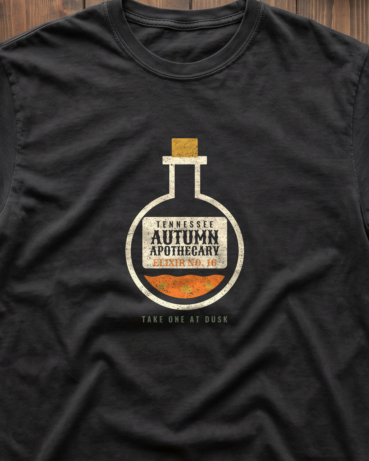 Tennessee Autumn Apothecary Flask T-Shirt (close-up)
