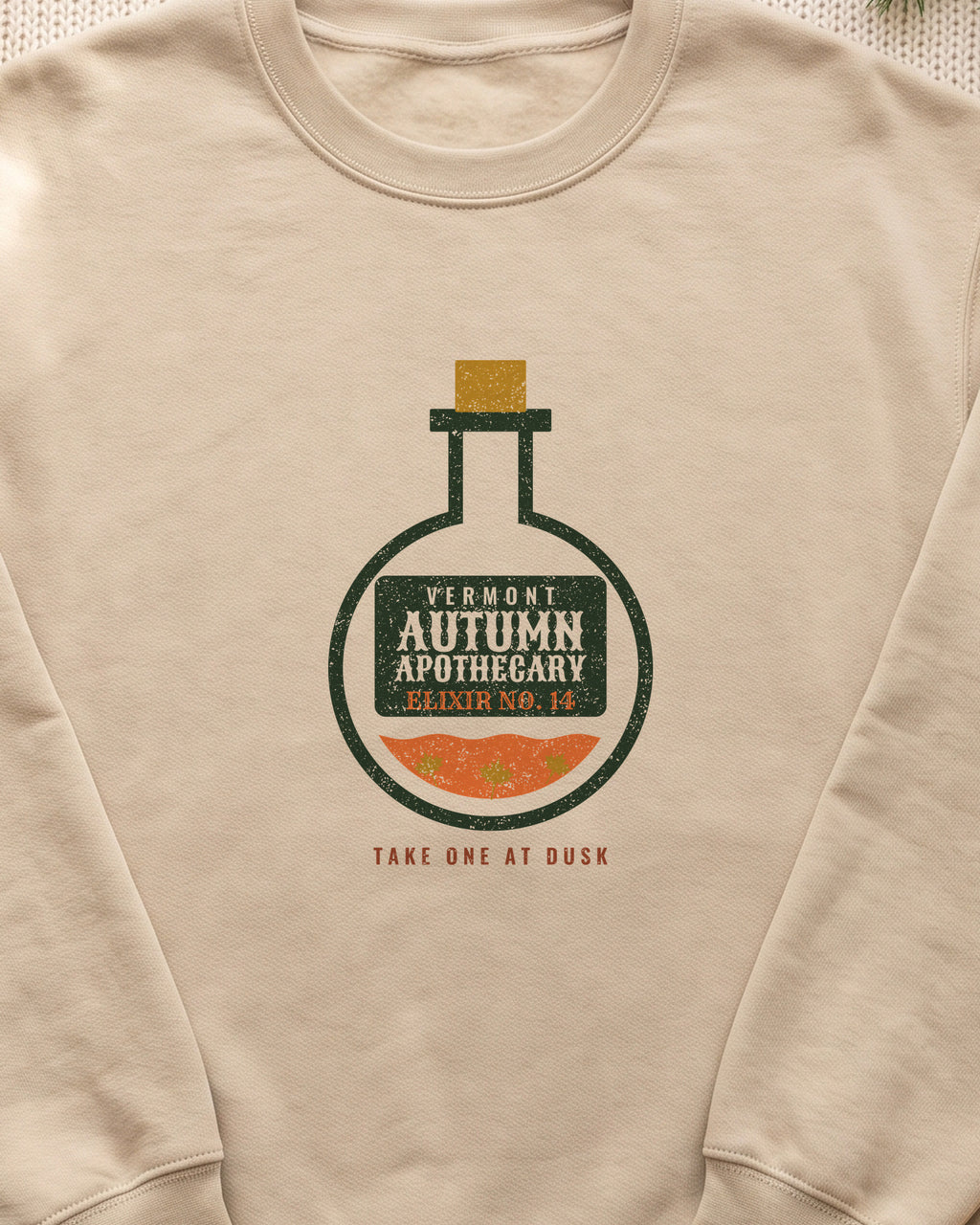 Vermont Autumn Apothecary Flask Crewneck Sweatshirt (close-up)