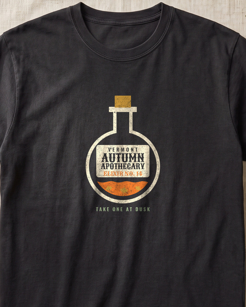Vermont Autumn Apothecary Flask T-Shirt (close-up)