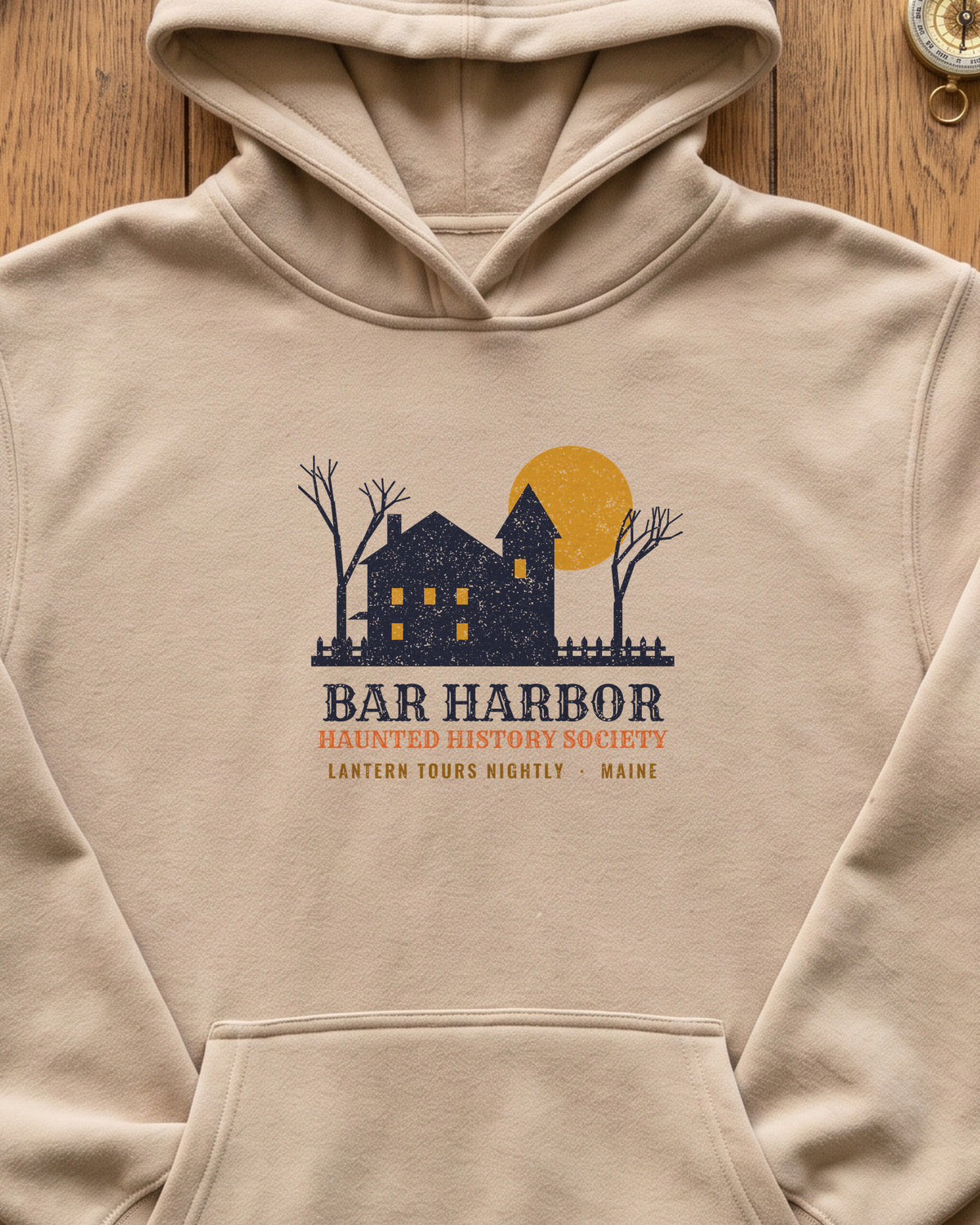 Bar Harbor Maine Haunted History Society Hoodie (close-up)