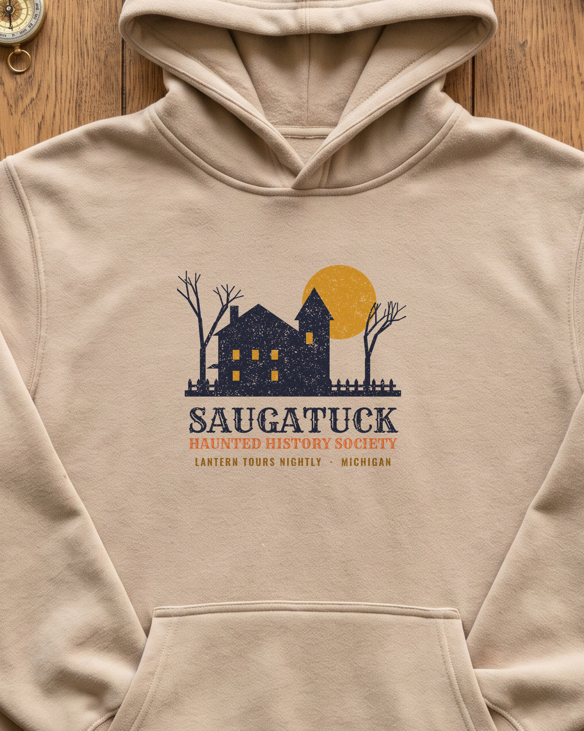 Saugatuck Michigan Haunted History Society Hoodie (close-up)