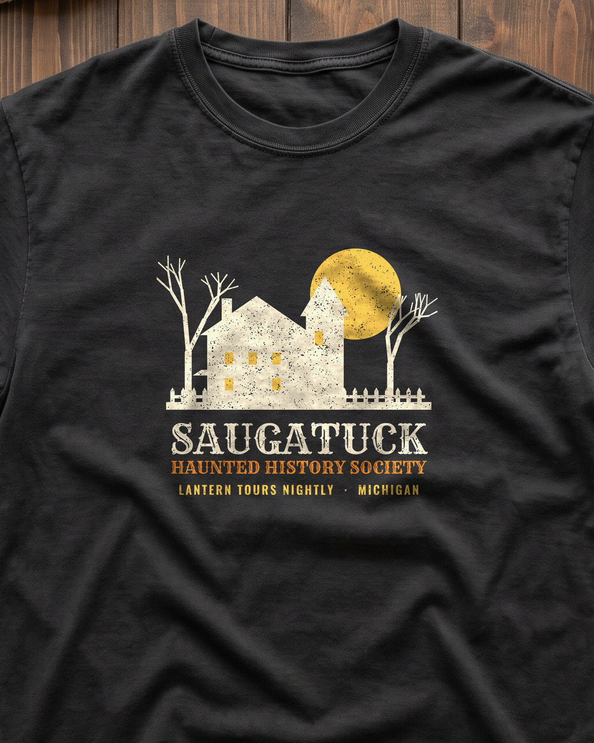 Saugatuck Michigan Haunted History Society T-Shirt (close-up)