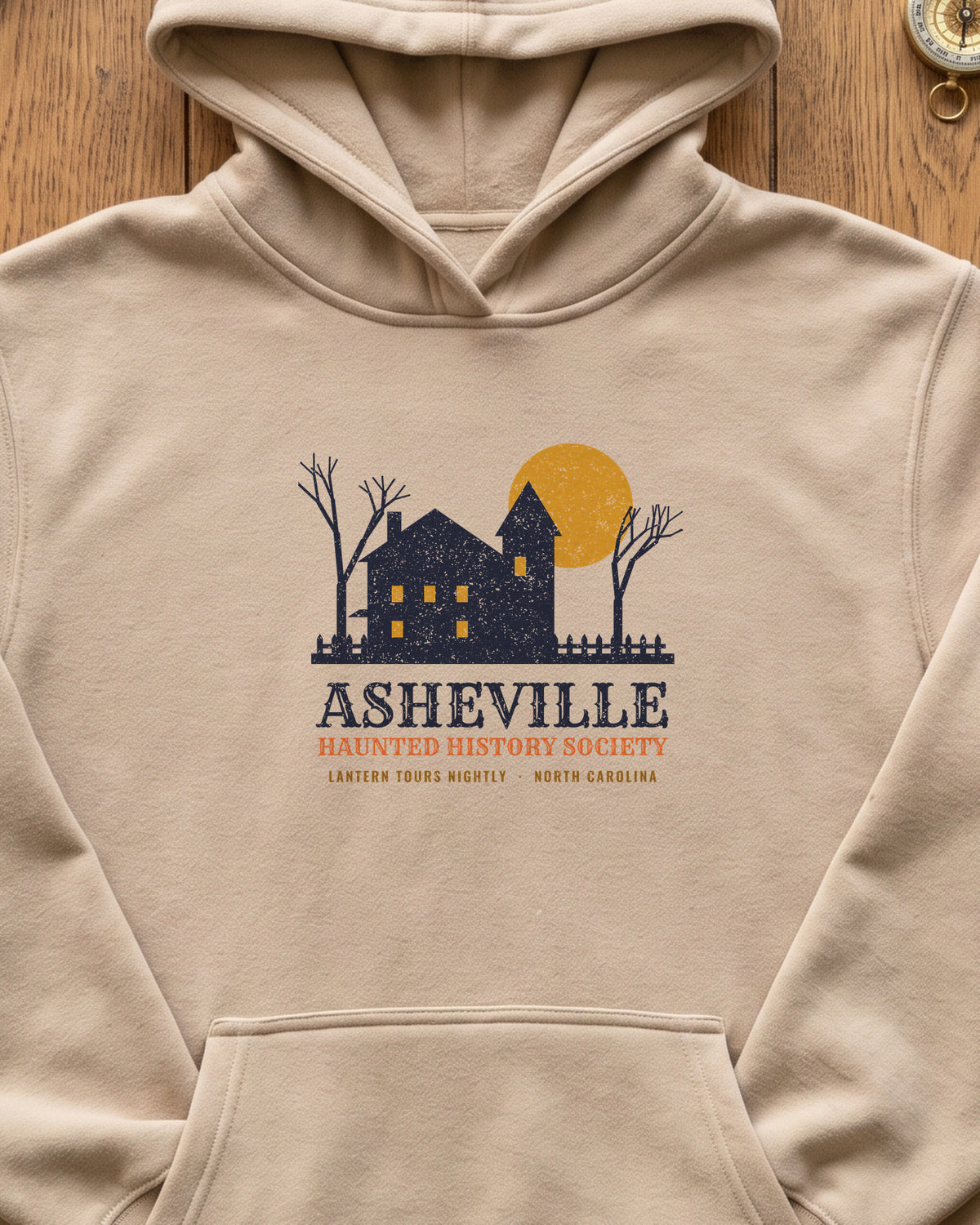 Asheville North Carolina Haunted History Society Hoodie (close-up)
