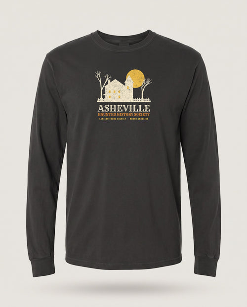 Asheville North Carolina Haunted History Society Long Sleeve Tee — Black (mockup)