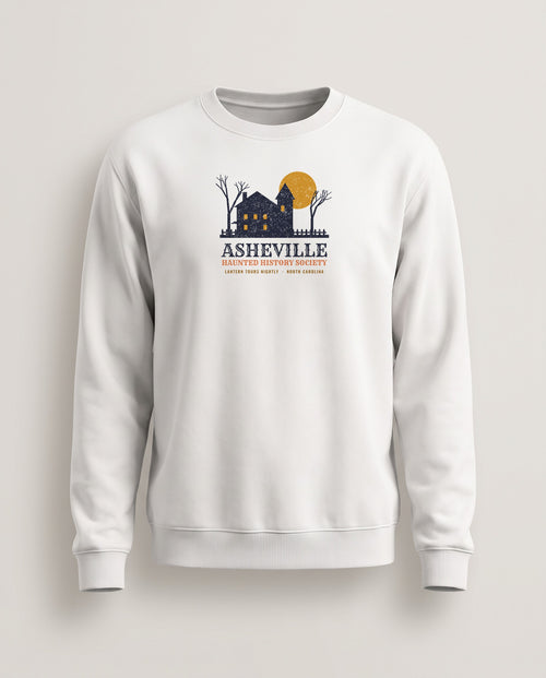 Asheville North Carolina Haunted History Society Crewneck Sweatshirt — White (mockup)