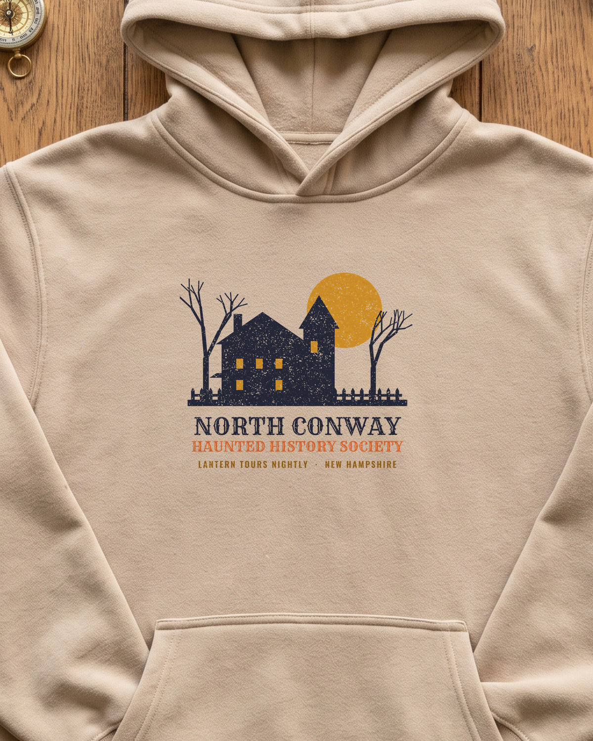 North Conway New Hampshire Haunted History Society Hoodie (close-up)