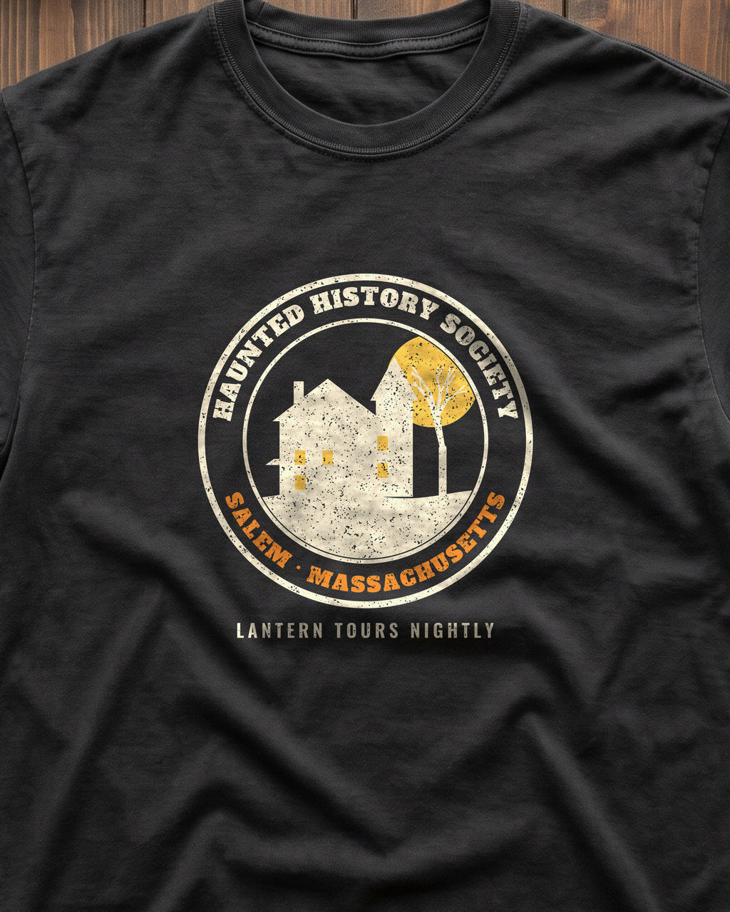 Salem Massachusetts Haunted History Society Seal T-Shirt (close-up)
