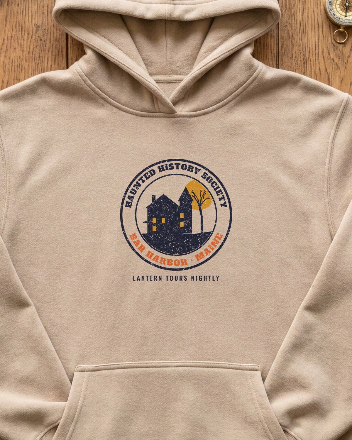 Bar Harbor Maine Haunted History Society Seal Hoodie (close-up)