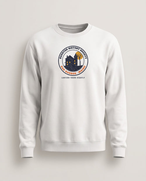 Bar Harbor Maine Haunted History Society Seal Crewneck Sweatshirt — White (mockup)