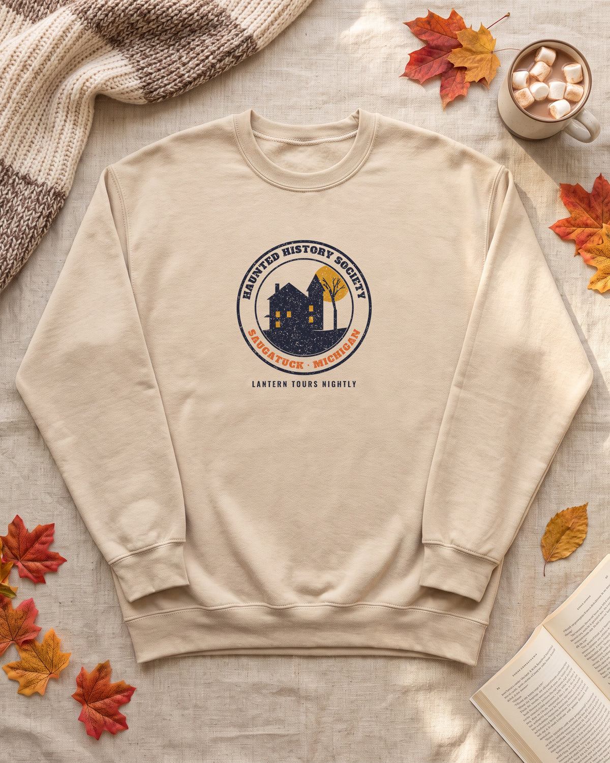Saugatuck Michigan Haunted History Society Seal Crewneck Sweatshirt (photo)