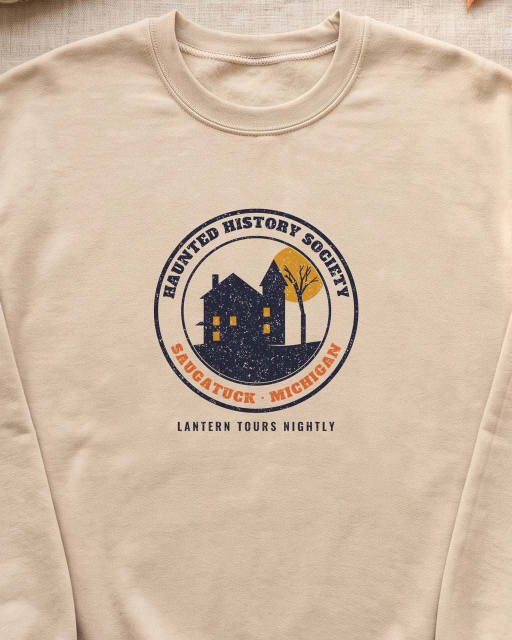 Saugatuck Michigan Haunted History Society Seal Crewneck Sweatshirt (close-up)