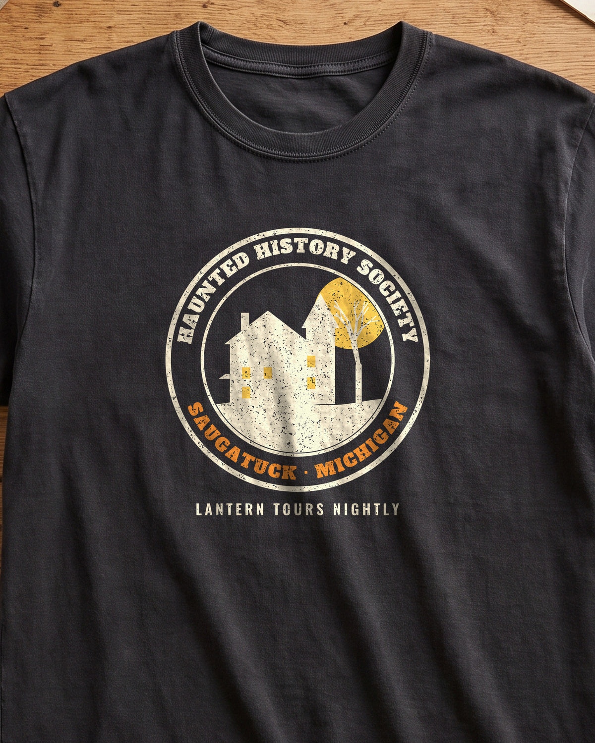 Saugatuck Michigan Haunted History Society Seal T-Shirt (close-up)