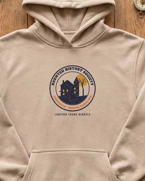 Asheville North Carolina Haunted History Society Seal Hoodie (close-up)