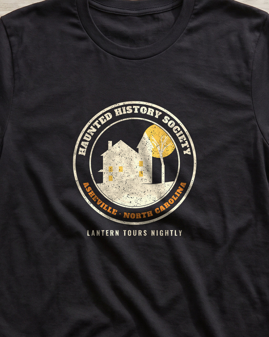 Asheville North Carolina Haunted History Society Seal T-Shirt (close-up)