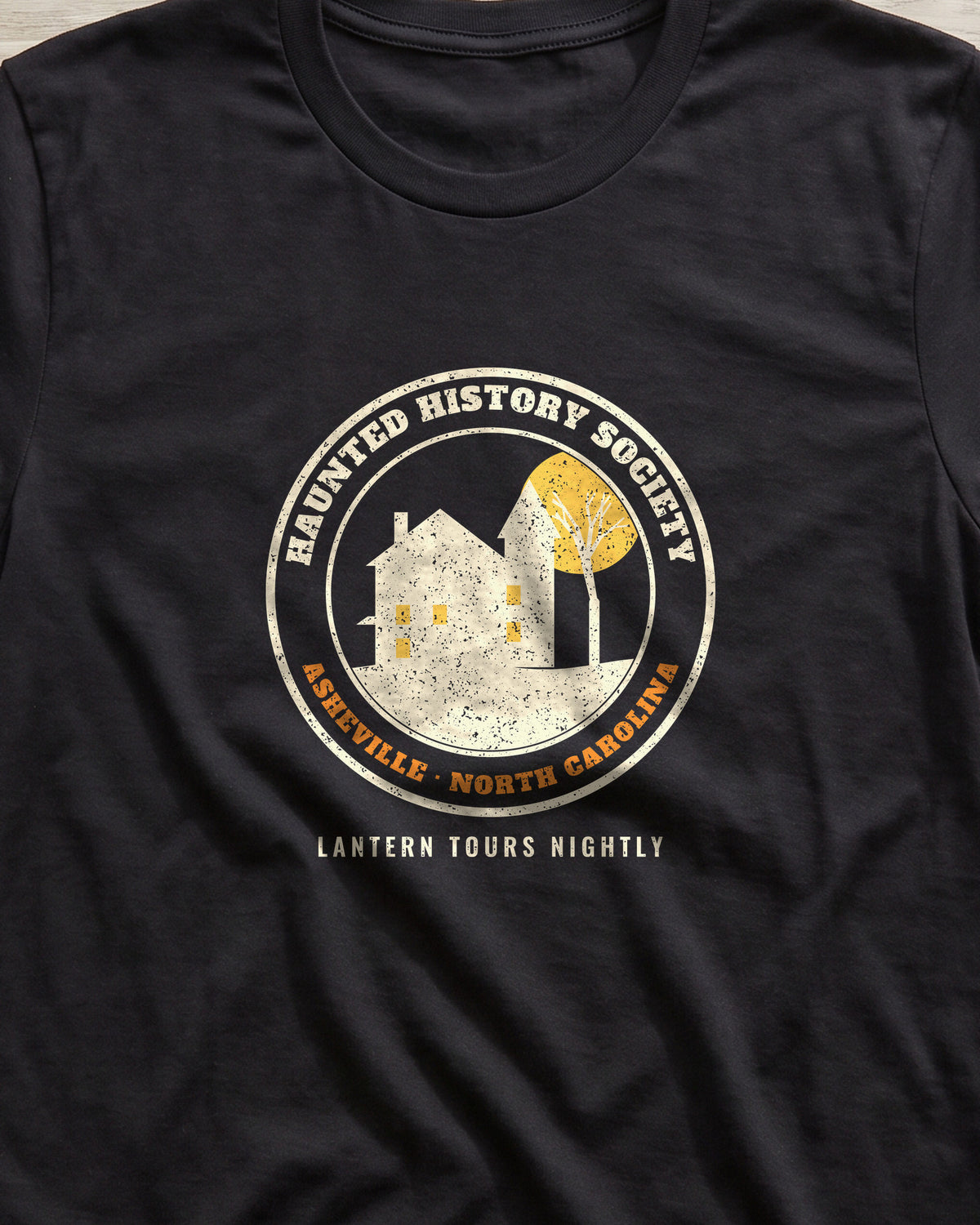 Asheville North Carolina Haunted History Society Seal T-Shirt (close-up)