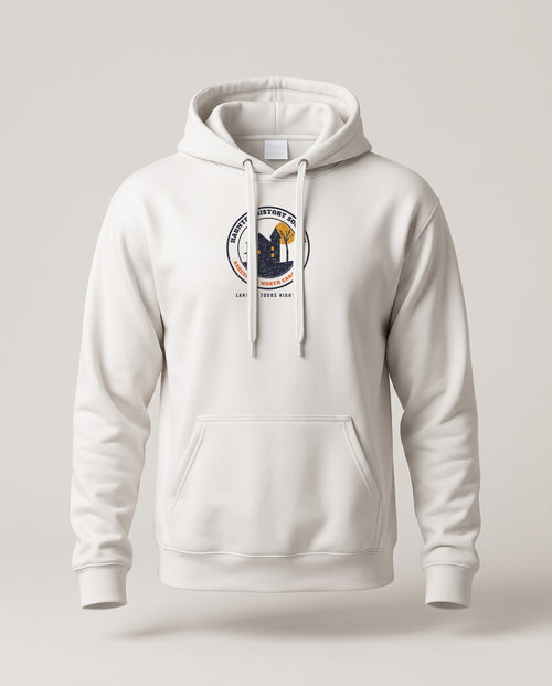 Asheville North Carolina Haunted History Society Seal Hoodie — White (mockup)