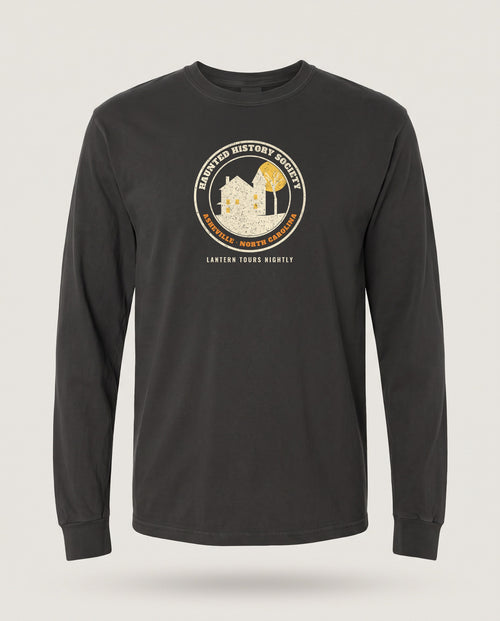 Asheville North Carolina Haunted History Society Seal Long Sleeve Tee — Black (mockup)