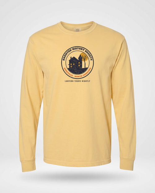 Asheville North Carolina Haunted History Society Seal Long Sleeve Tee — Butter (mockup)