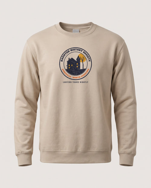 Asheville North Carolina Haunted History Society Seal Crewneck Sweatshirt — Sand (mockup)