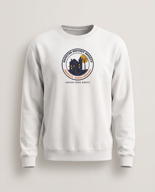 Asheville North Carolina Haunted History Society Seal Crewneck Sweatshirt — White (mockup)