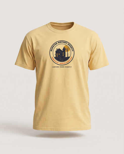 Asheville North Carolina Haunted History Society Seal T-Shirt — Butter (mockup)