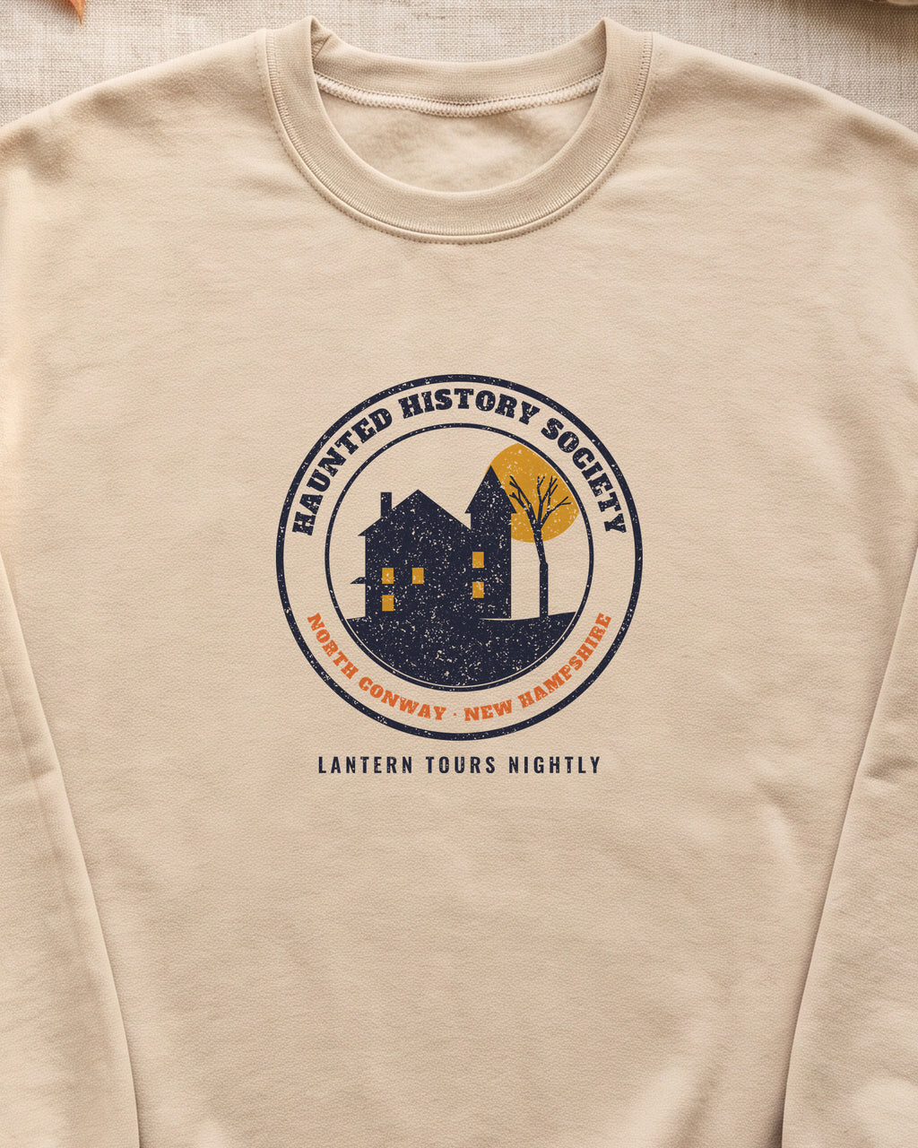 North Conway New Hampshire Haunted History Society Seal Crewneck Sweatshirt (close-up)