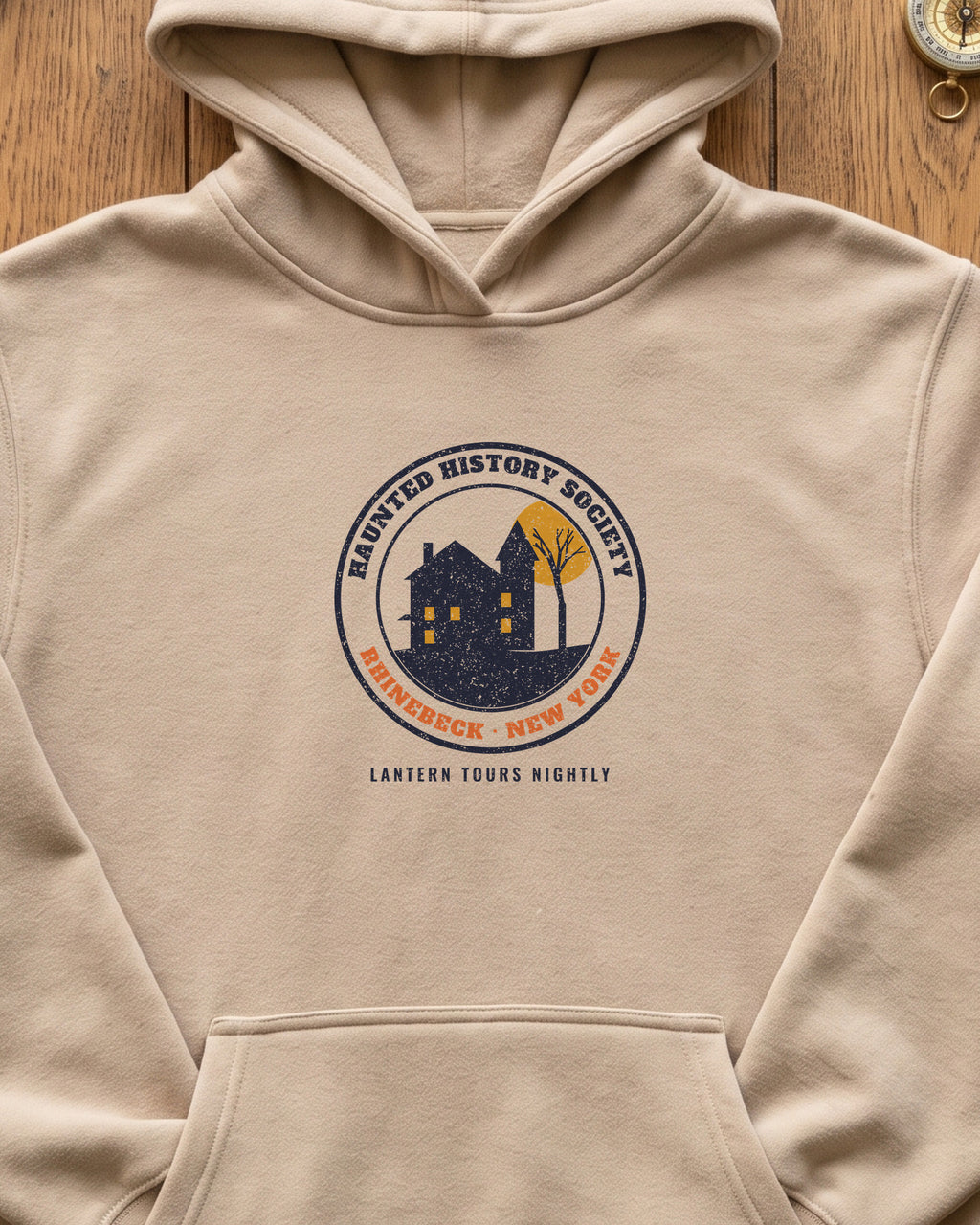 Rhinebeck New York Haunted History Society Seal Hoodie (close-up)