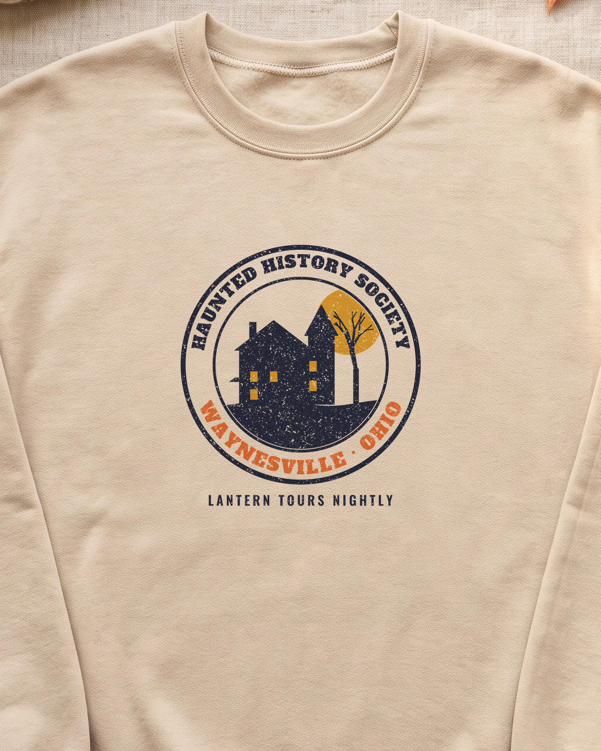 Waynesville Ohio Haunted History Society Seal Crewneck Sweatshirt (close-up)