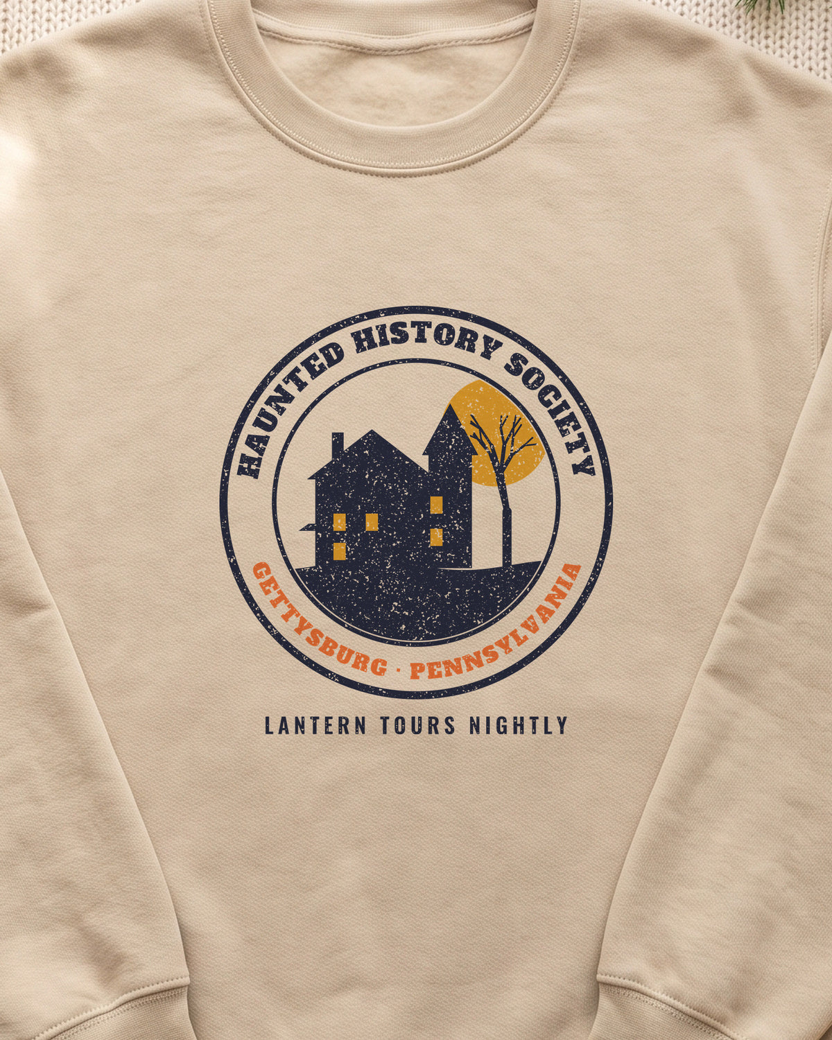 Gettysburg Pennsylvania Haunted History Society Seal Crewneck Sweatshirt (close-up)
