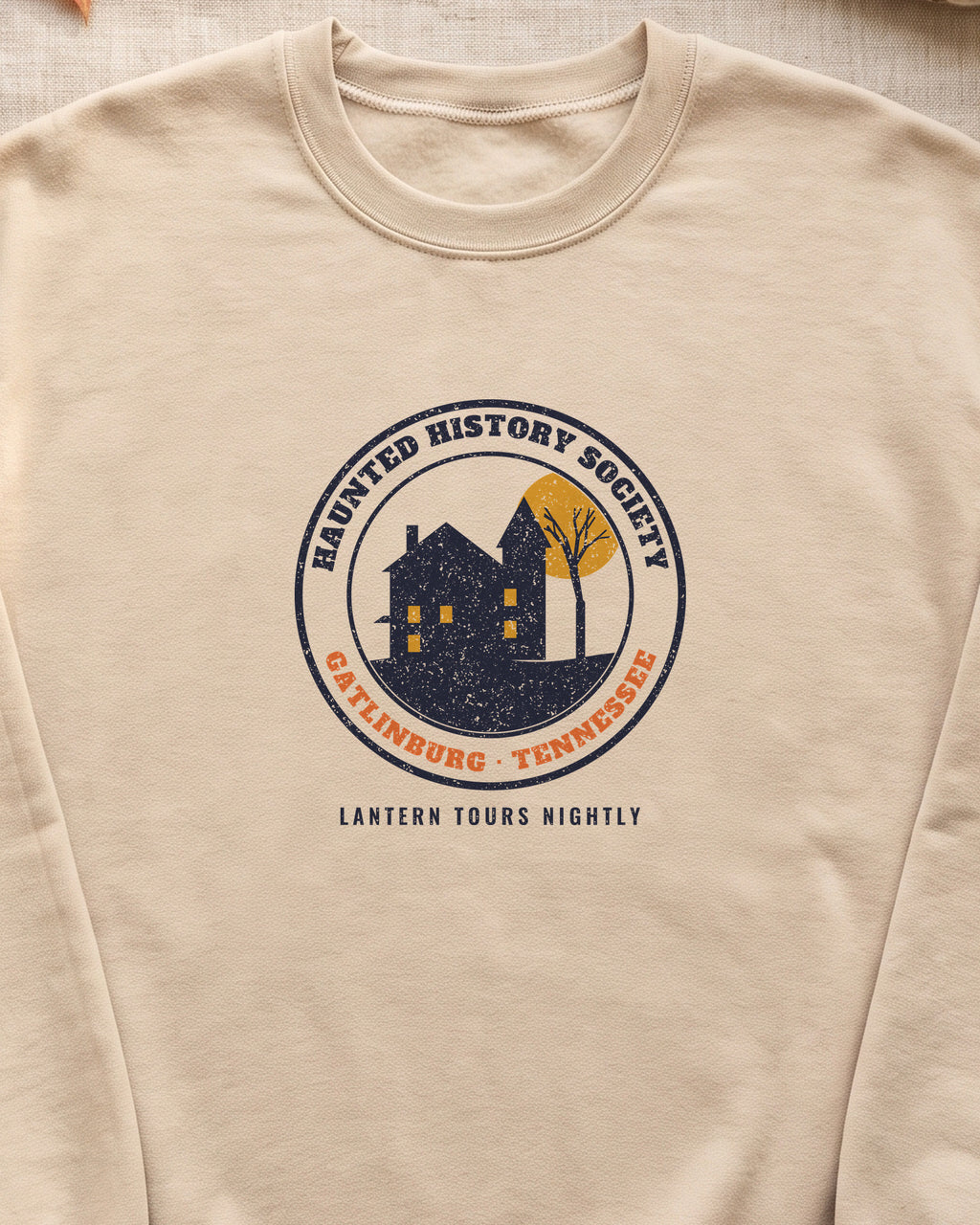 Gatlinburg Tennessee Haunted History Society Seal Crewneck Sweatshirt (close-up)
