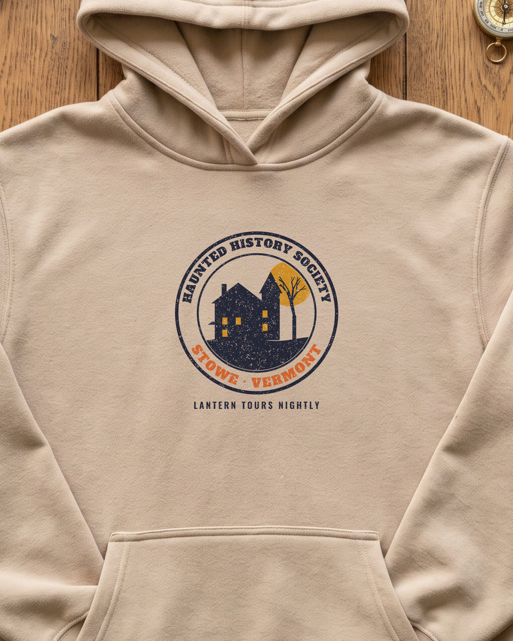 Stowe Vermont Haunted History Society Seal Hoodie (close-up)