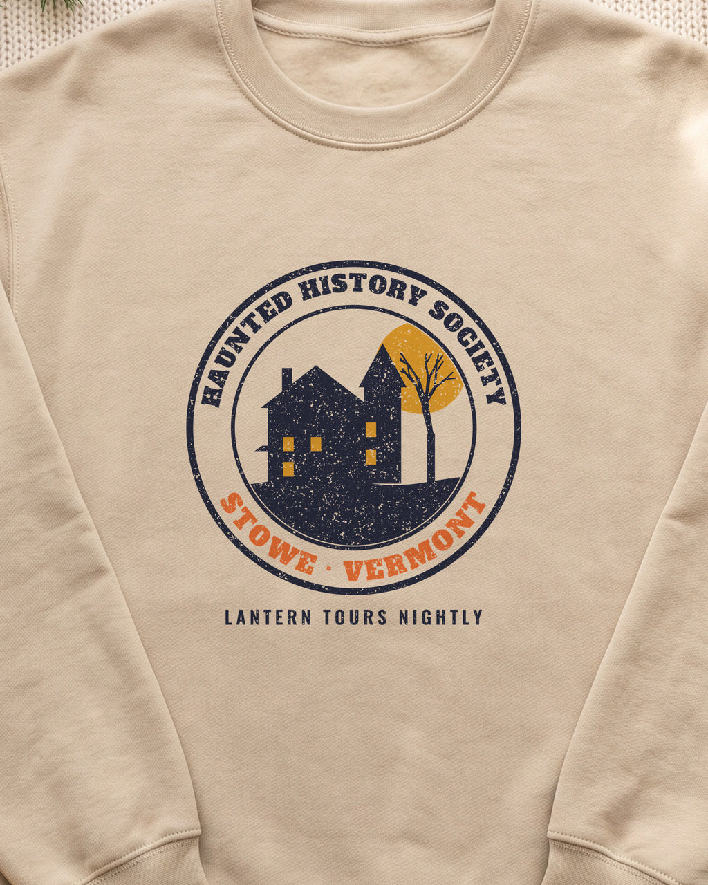 Stowe Vermont Haunted History Society Seal Crewneck Sweatshirt (close-up)