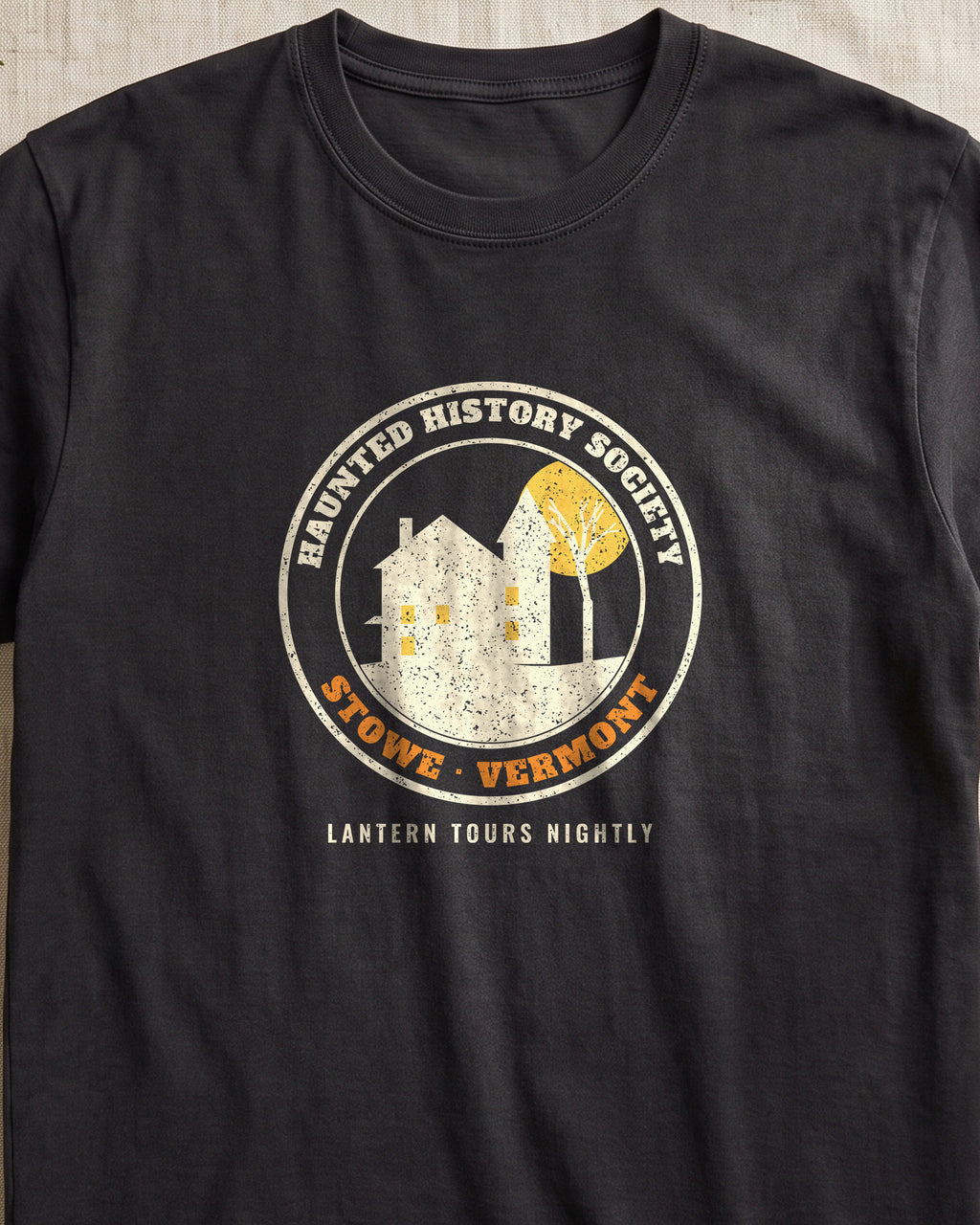 Stowe Vermont Haunted History Society Seal T-Shirt (close-up)