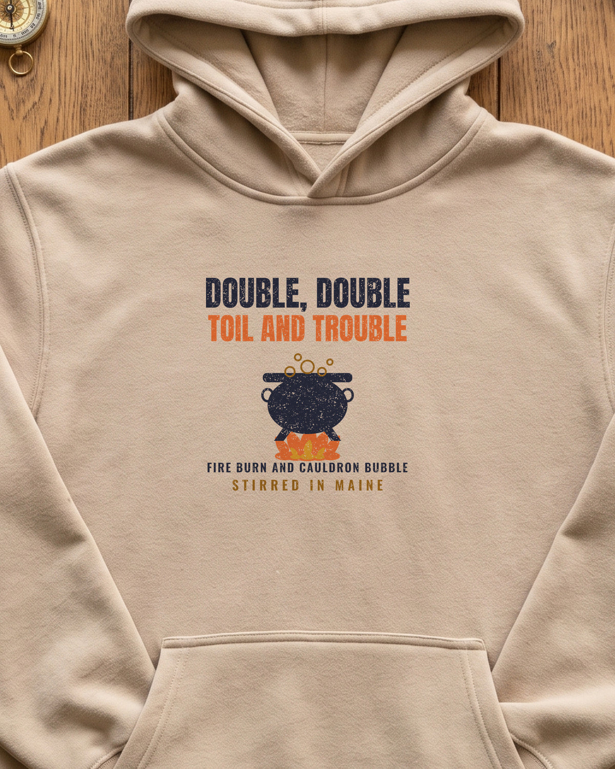 Double Double Toil and Trouble Maine Hoodie (close-up)