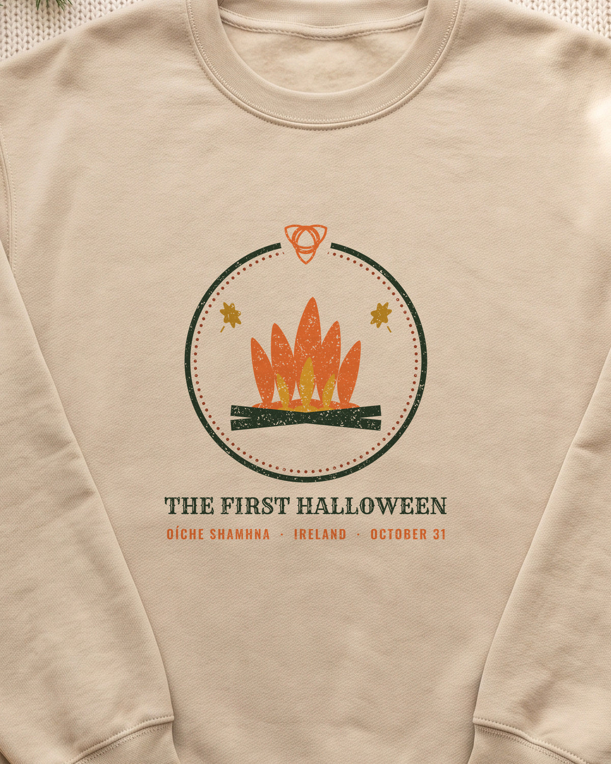 The First Halloween Oíche Shamhna Bonfire Crewneck Sweatshirt (close-up)