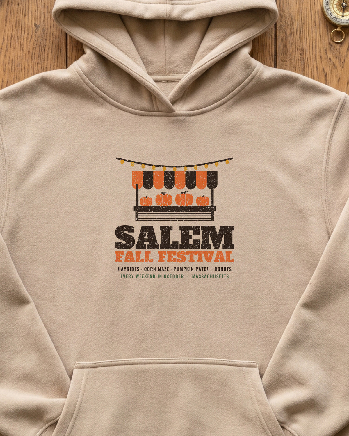 Salem Massachusetts Fall Festival Farm Stand Hoodie (close-up)