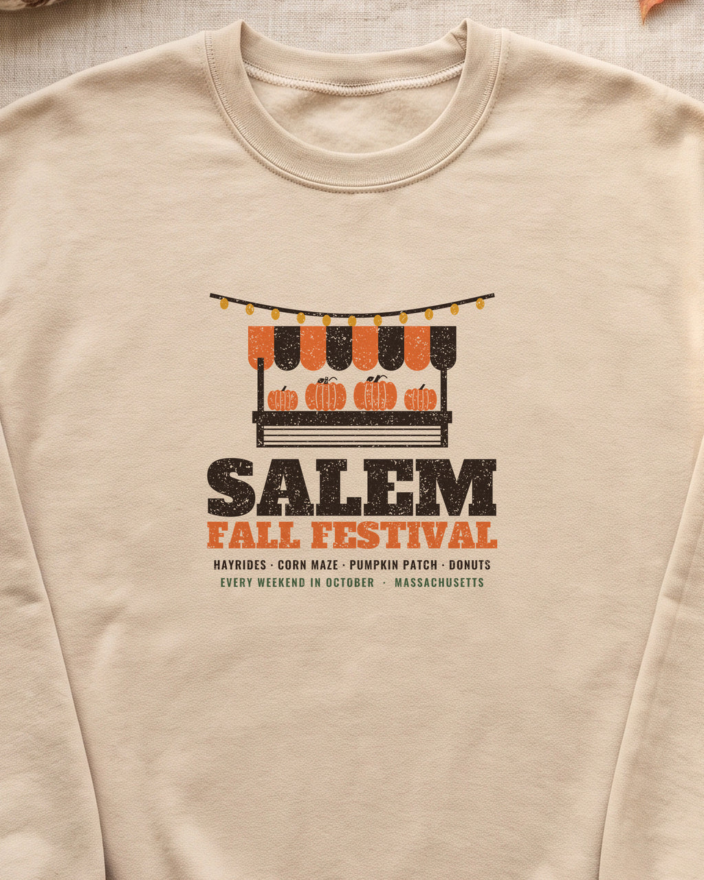 Salem Massachusetts Fall Festival Farm Stand Crewneck Sweatshirt (close-up)