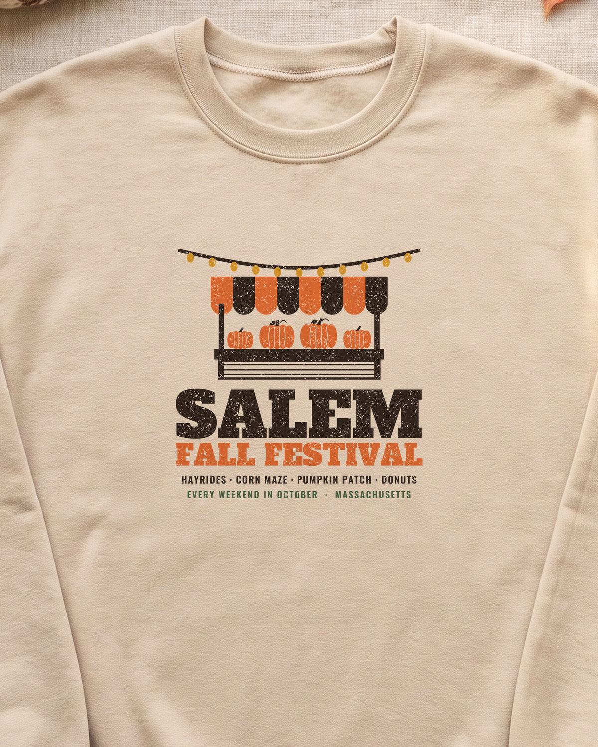 Salem Massachusetts Fall Festival Farm Stand Crewneck Sweatshirt (close-up)