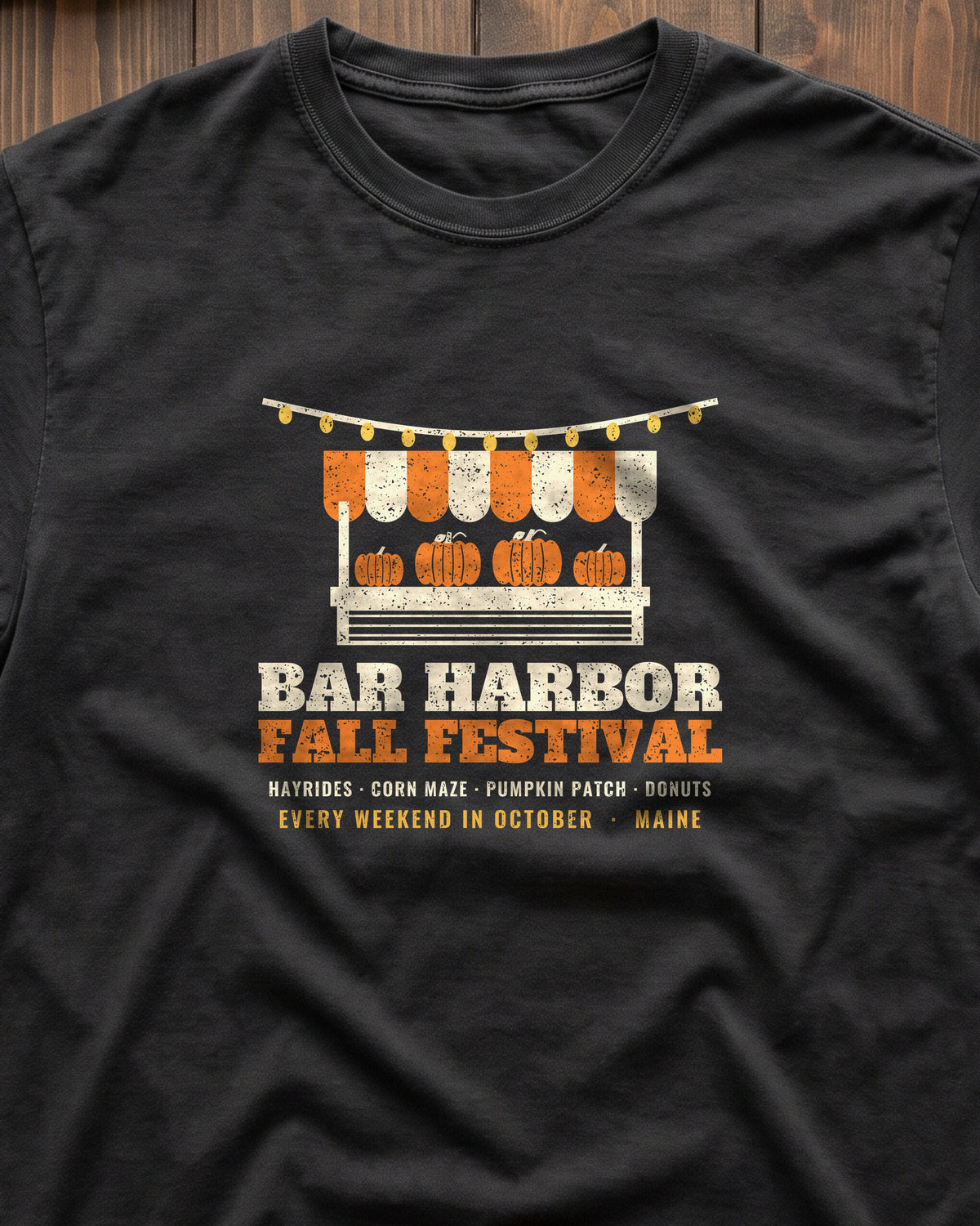 Bar Harbor Maine Fall Festival Farm Stand T-Shirt (close-up)