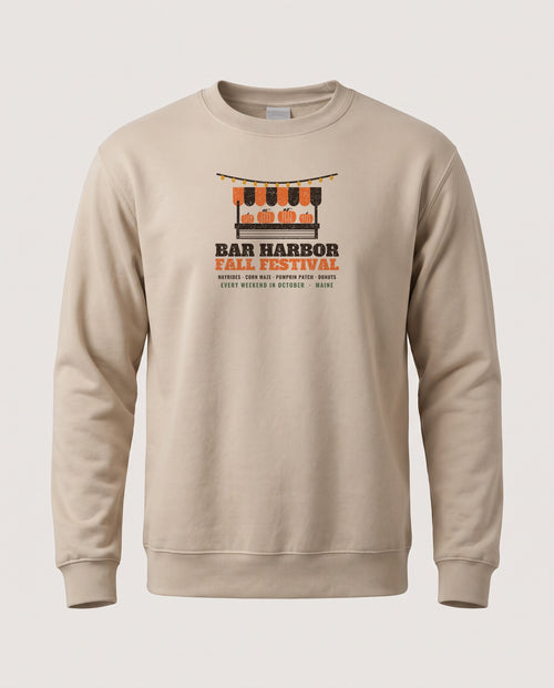 Bar Harbor Maine Fall Festival Farm Stand Crewneck Sweatshirt — Sand (mockup)