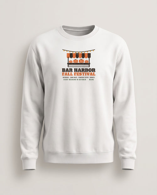 Bar Harbor Maine Fall Festival Farm Stand Crewneck Sweatshirt — White (mockup)